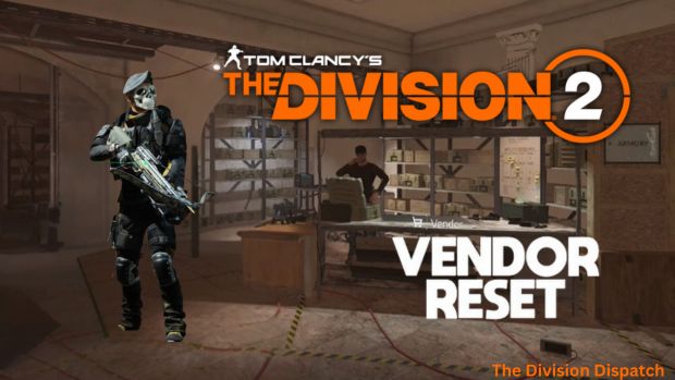 "Division 2 agent with crossbow standing in front of vendor reset screen inside a settlement with The Division 2 logo